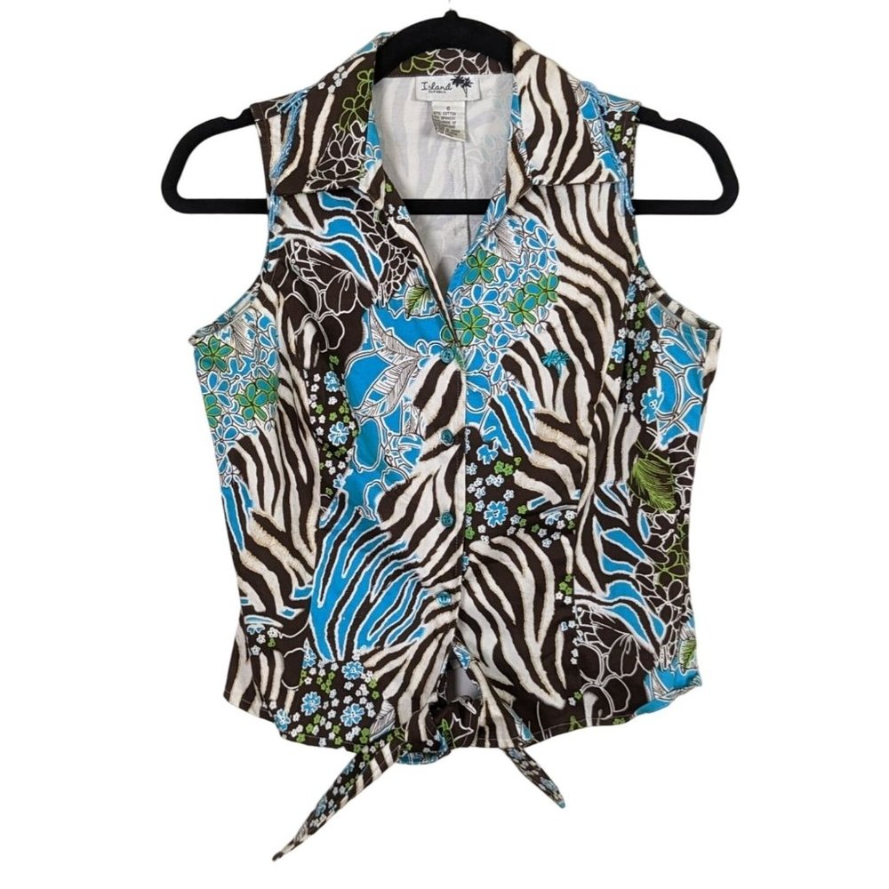 Island Republic sleeveless summer beaded fringe button front Hawaiian top sz 6 - Picture 1 of 9